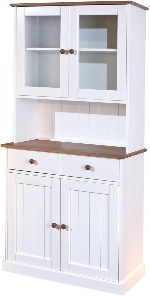 Inter Link – Vitrinenschrank – Buffet-Schrank – Esszimmerschrank – Geschirrschrank - Laudhausstil – Massivholz FSC – 4 Türen – 2 Schubladen – Westerland - 5.2, Weiss / Sepia