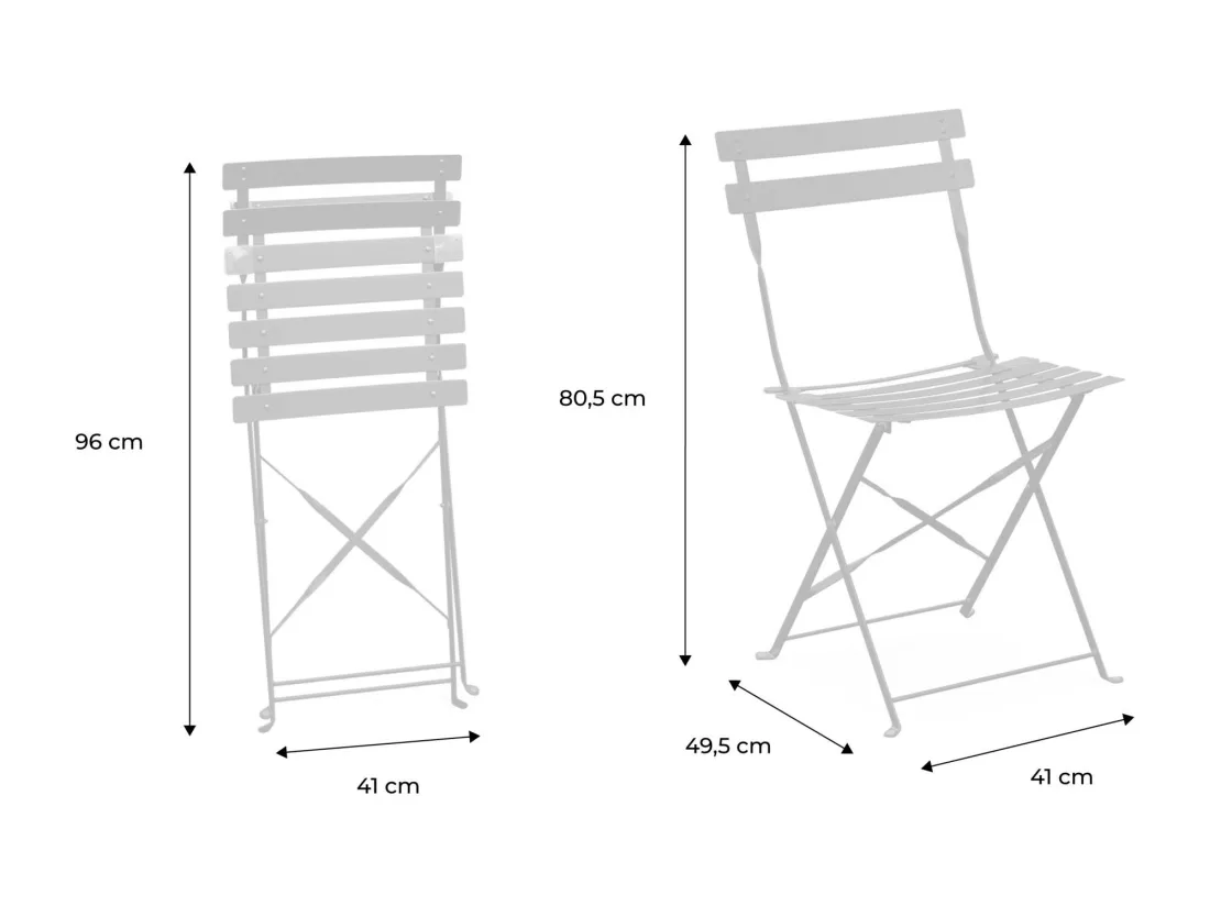 Lot de 2 chaises de jardin bistrot pliables en acier thermolaqué. 49.5 x 41 x 80.5cm