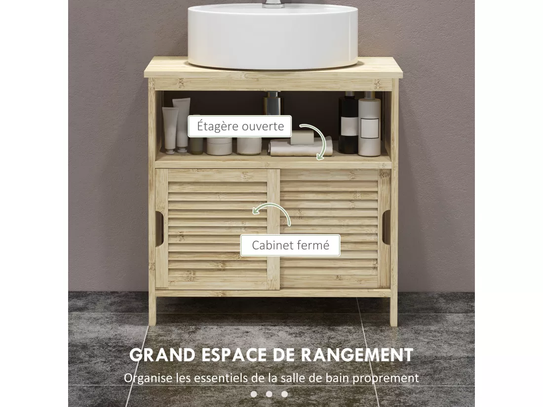 Meuble sous vasque style cosy naturel - 2 portes coulissantes - dim. 60L x 30l x 60H cm - bambou verni