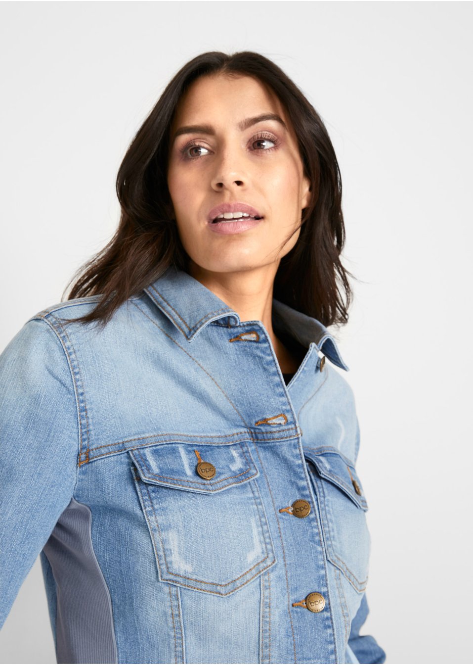 Veste en jean à empiècement latéral côtelé
