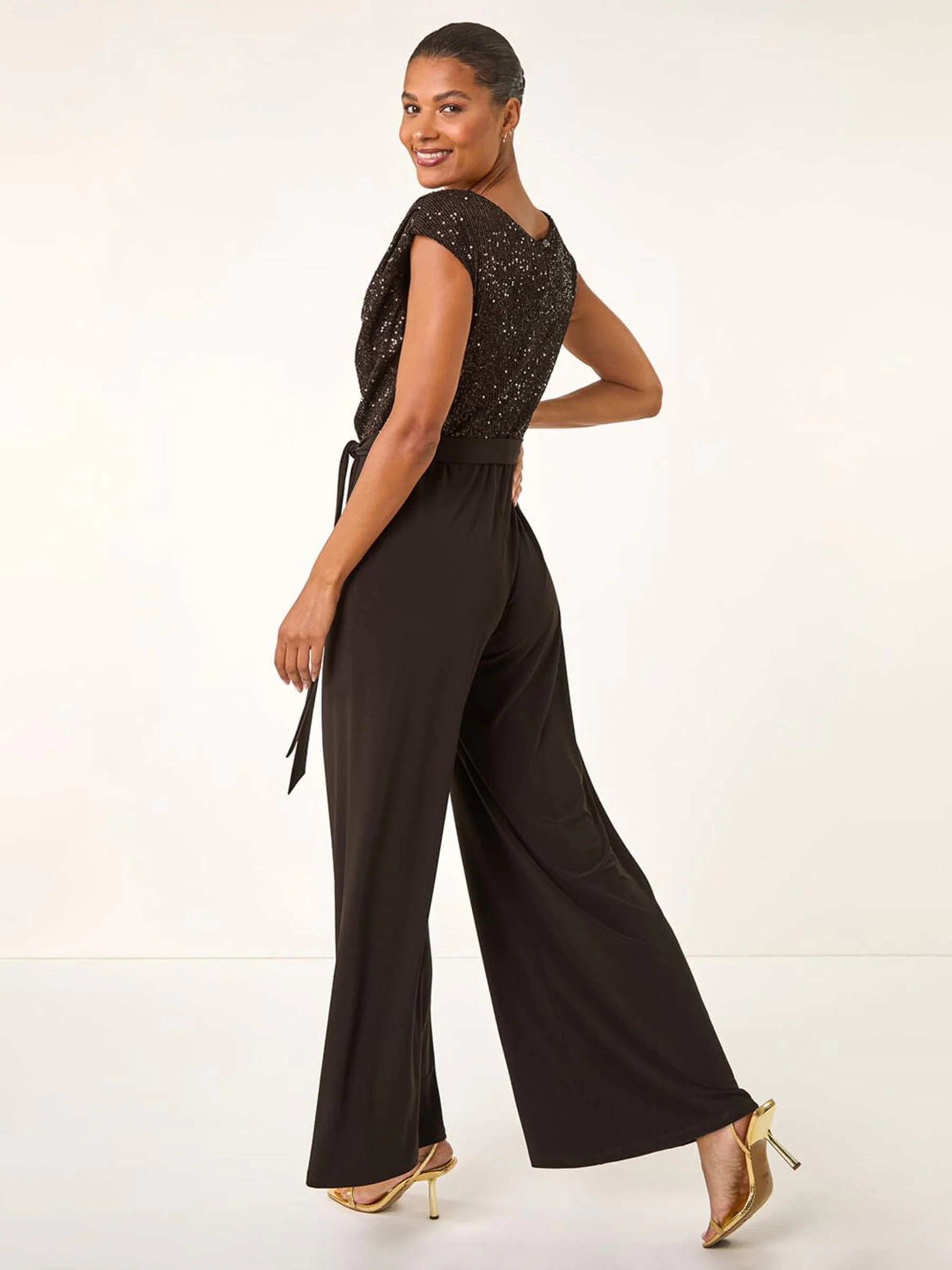 Bruin - Roman Paillettenlijfje met Watervalhals Jumpsuit