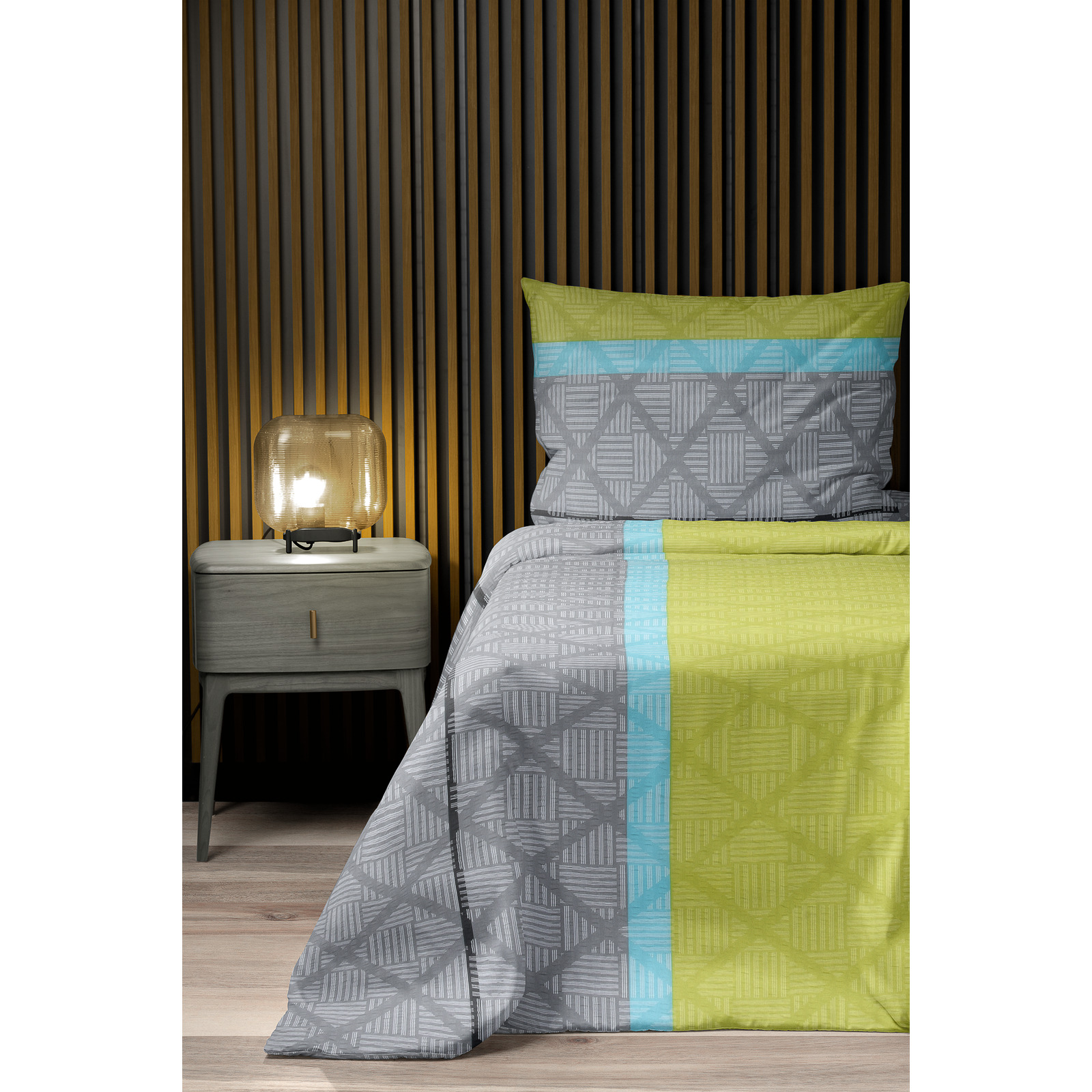 Bettwäsche Seersucker Karomuster silber-grün 200x210 2x65x65 Bettanzug Fra