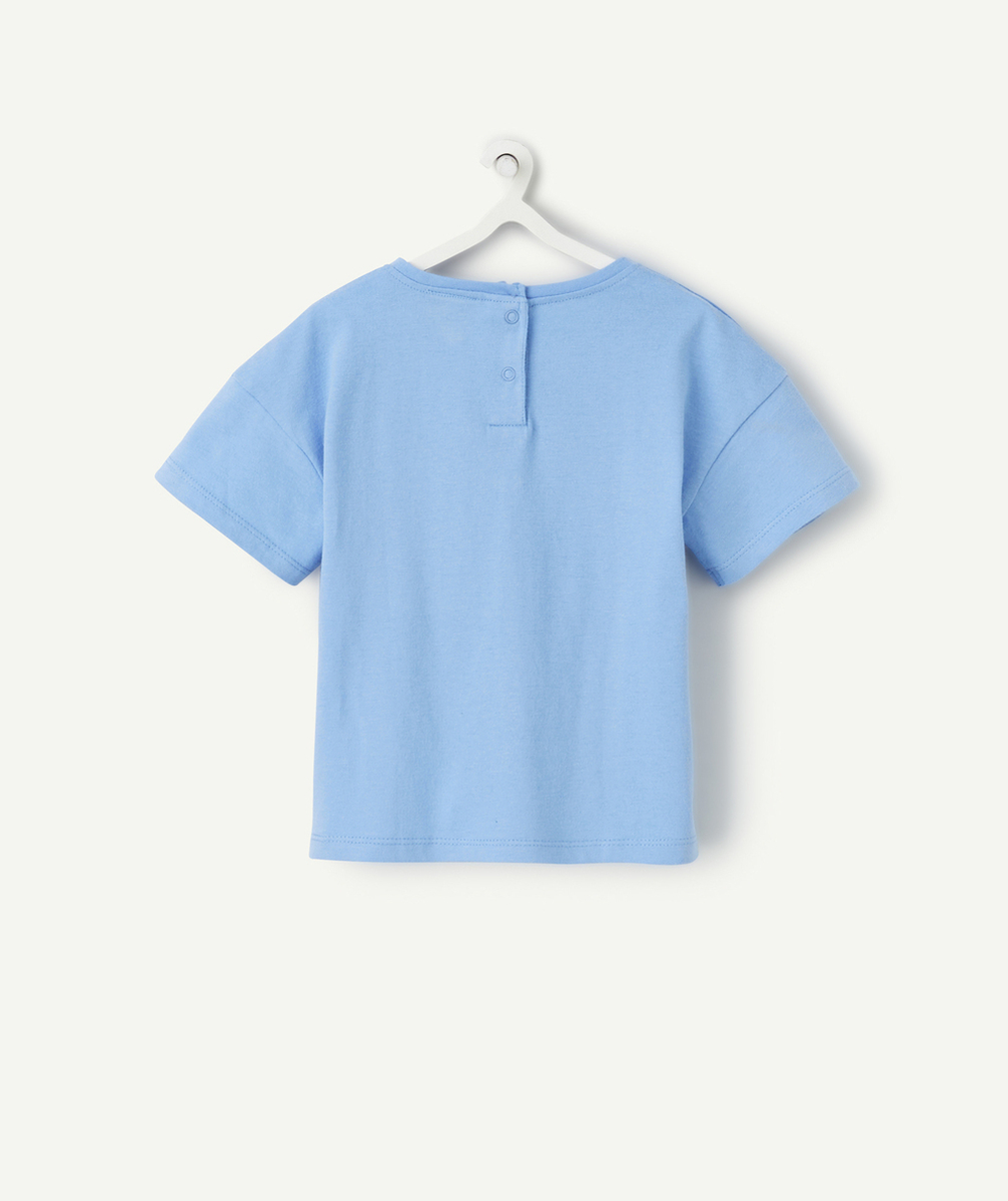 t-shirt bébé fille en coton bio bleu avec motifs coquillages et étoiles pailletées
