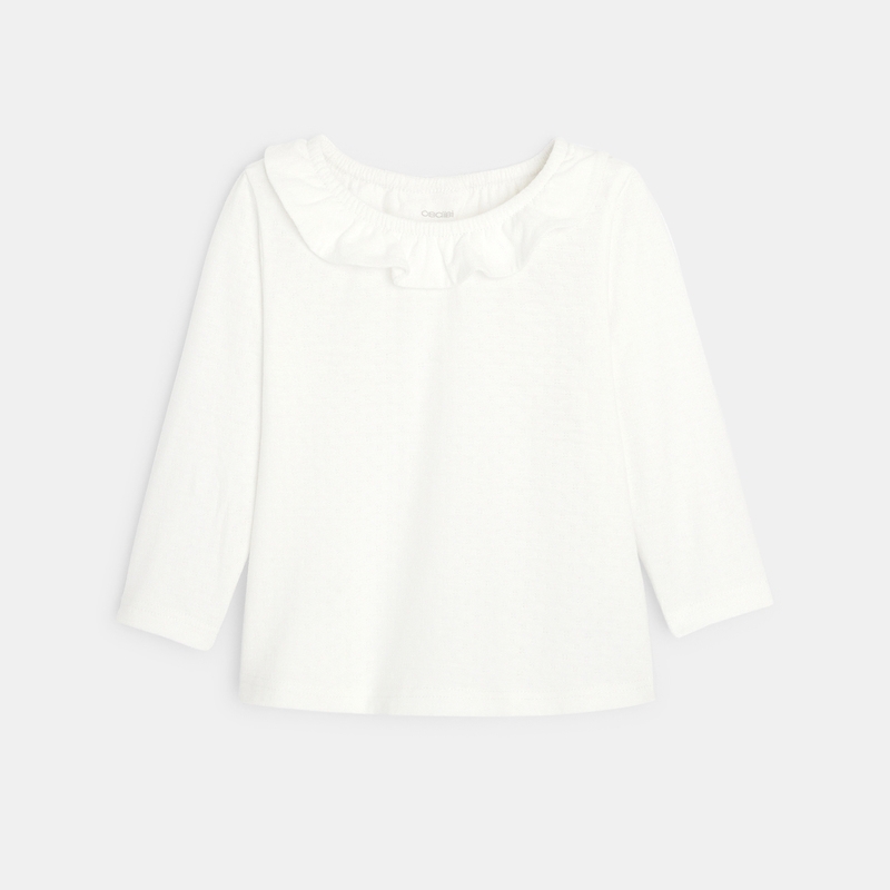 T-shirt col volanté maille fantaisie beige bébé fille