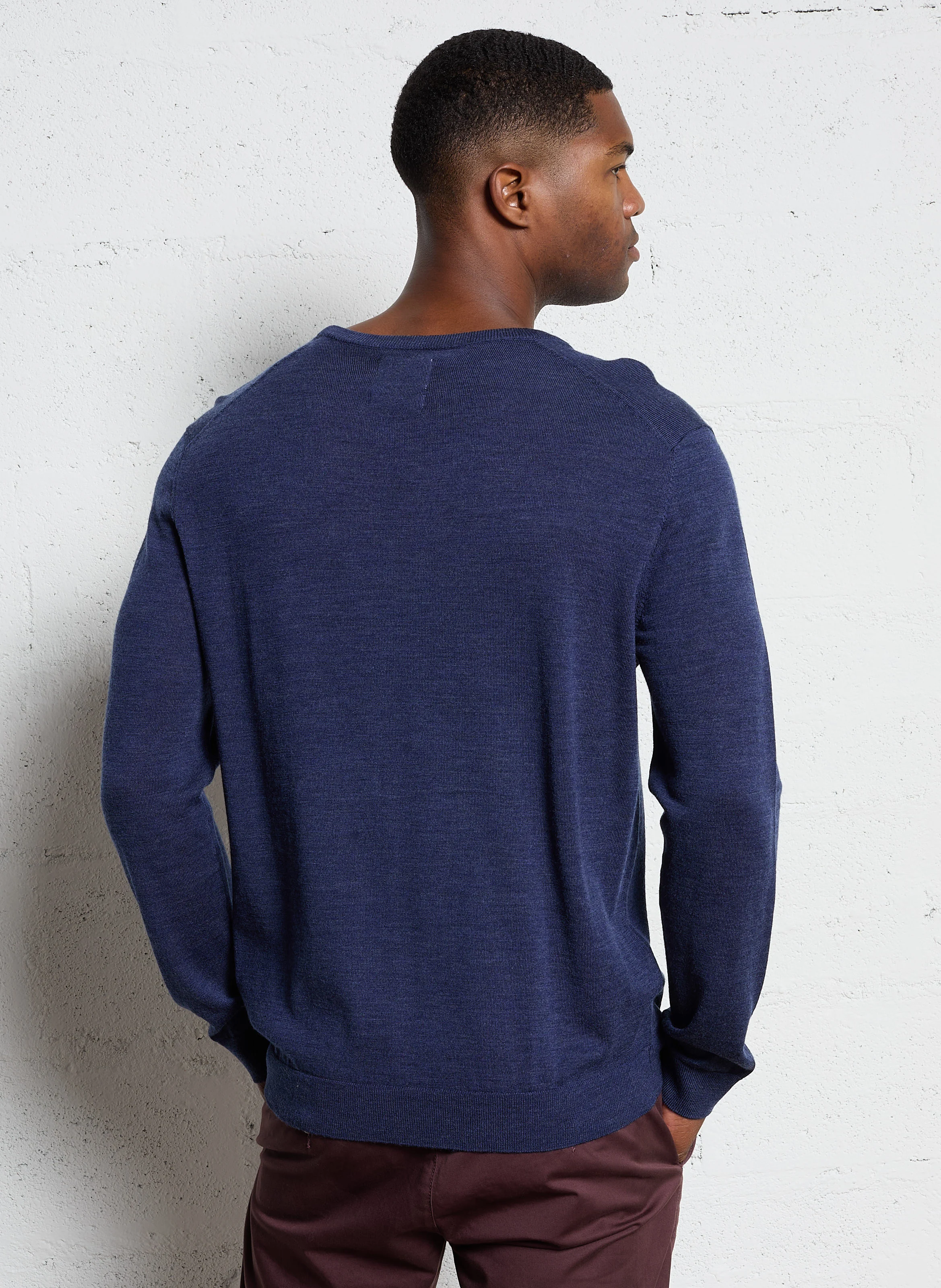 Pull fin col rond en laine| Bleu