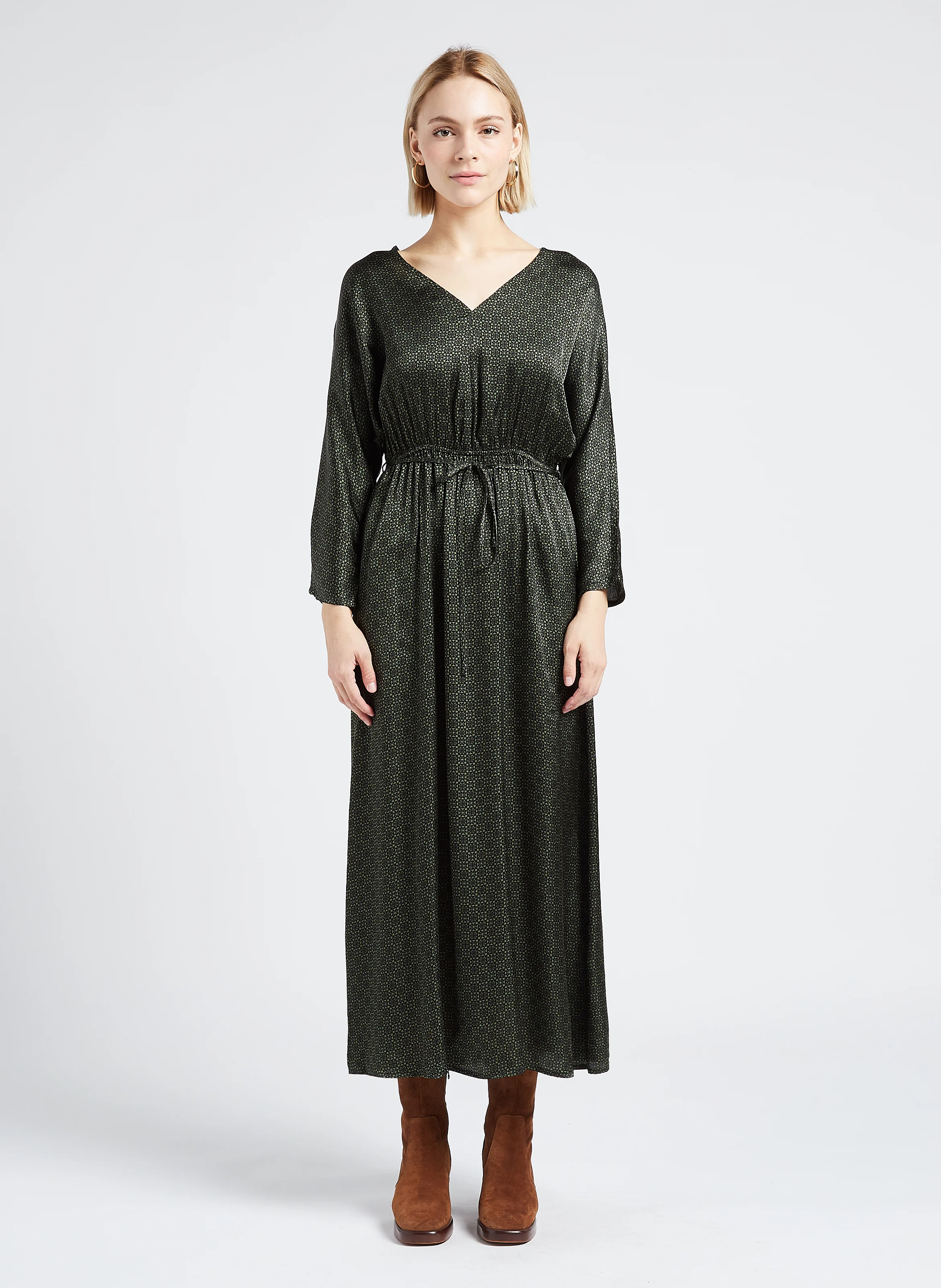 LUNA - Robe midi col V imprimée| Vert