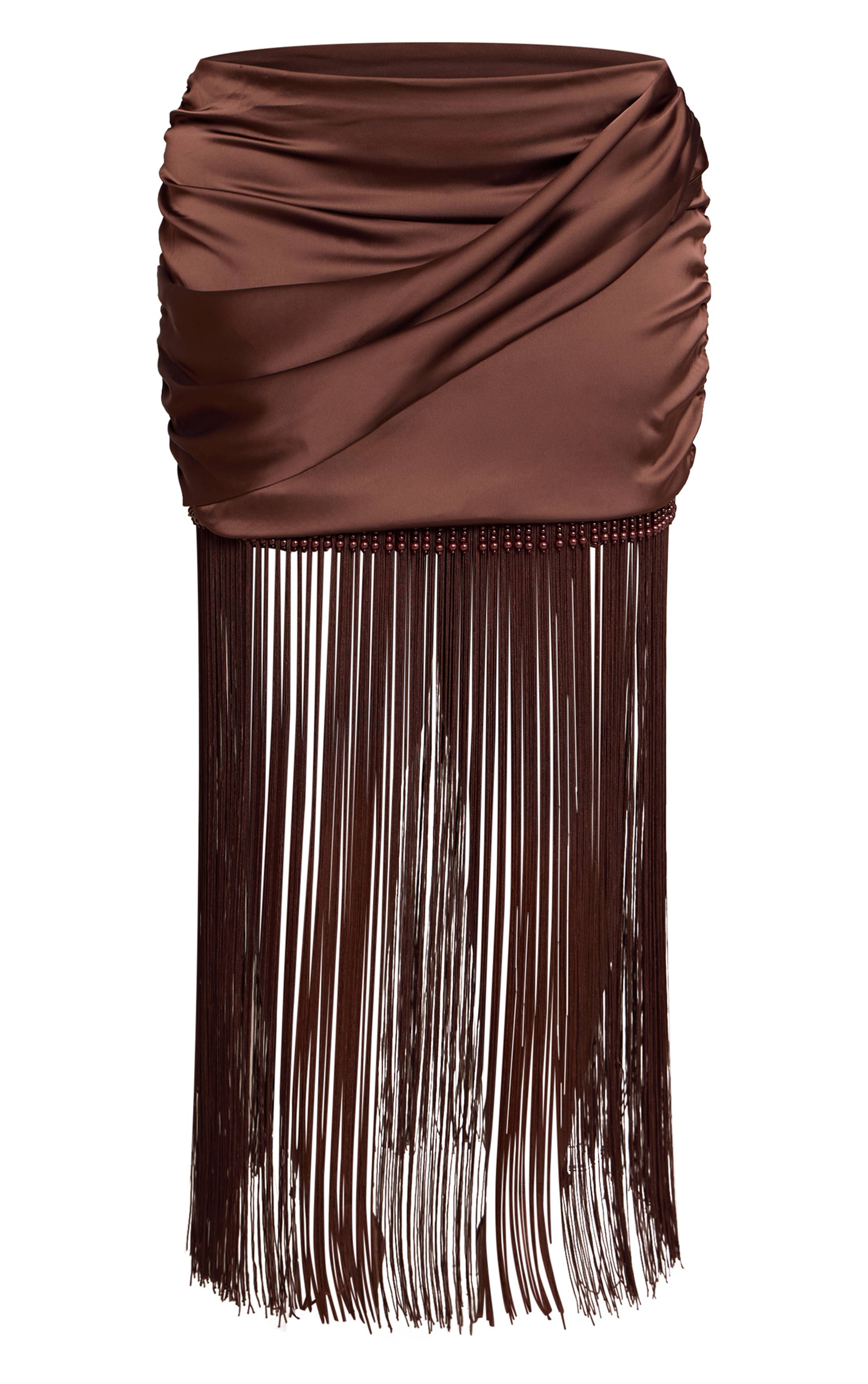 Chocolate Brown Jupe Mini Satinée Grande Taille À Ourlet À Pompons Perlés Coordonné