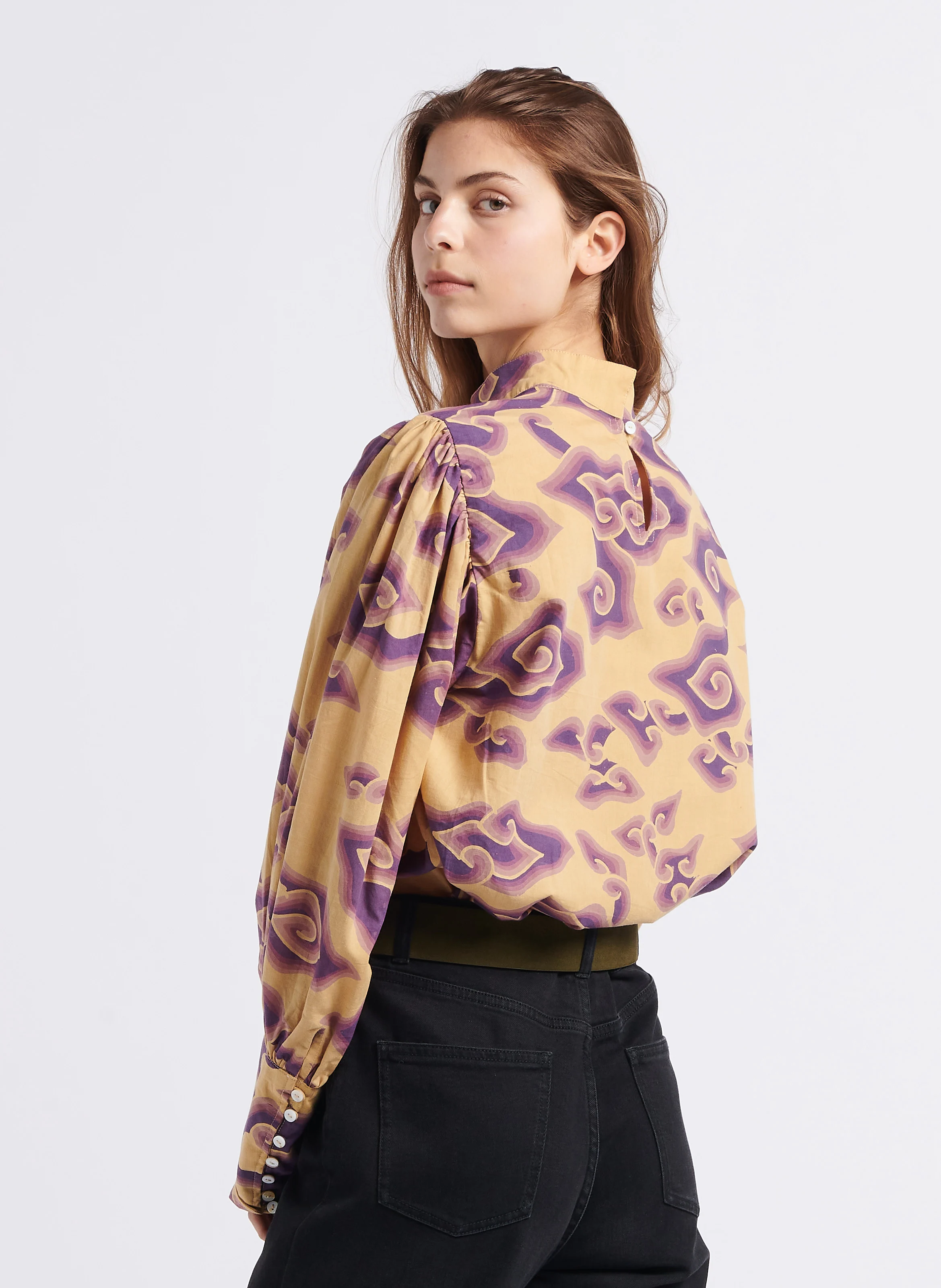 SELF - Blouse col montant imprimée en coton | Violet