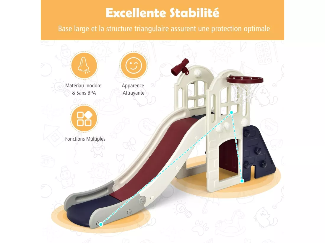 Toboggan 6 en 1 pour Enfant - Glisse de 140 CM - avec Panier de Basket, Escalade, Lancer d'Anneaux et Télescope,Toboggan Intérieure,Aire de Jeux Extérieure 3-8 Ans, Bleu