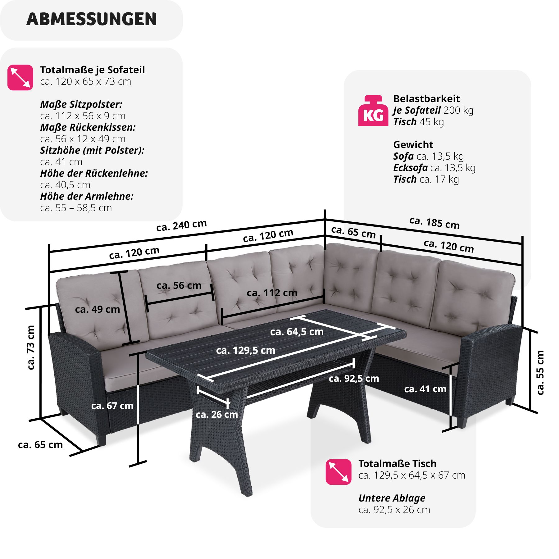 tectake® Rattan Lounge, für 6 Personen, UV-beständig, Tisch mit Schraubfüßen