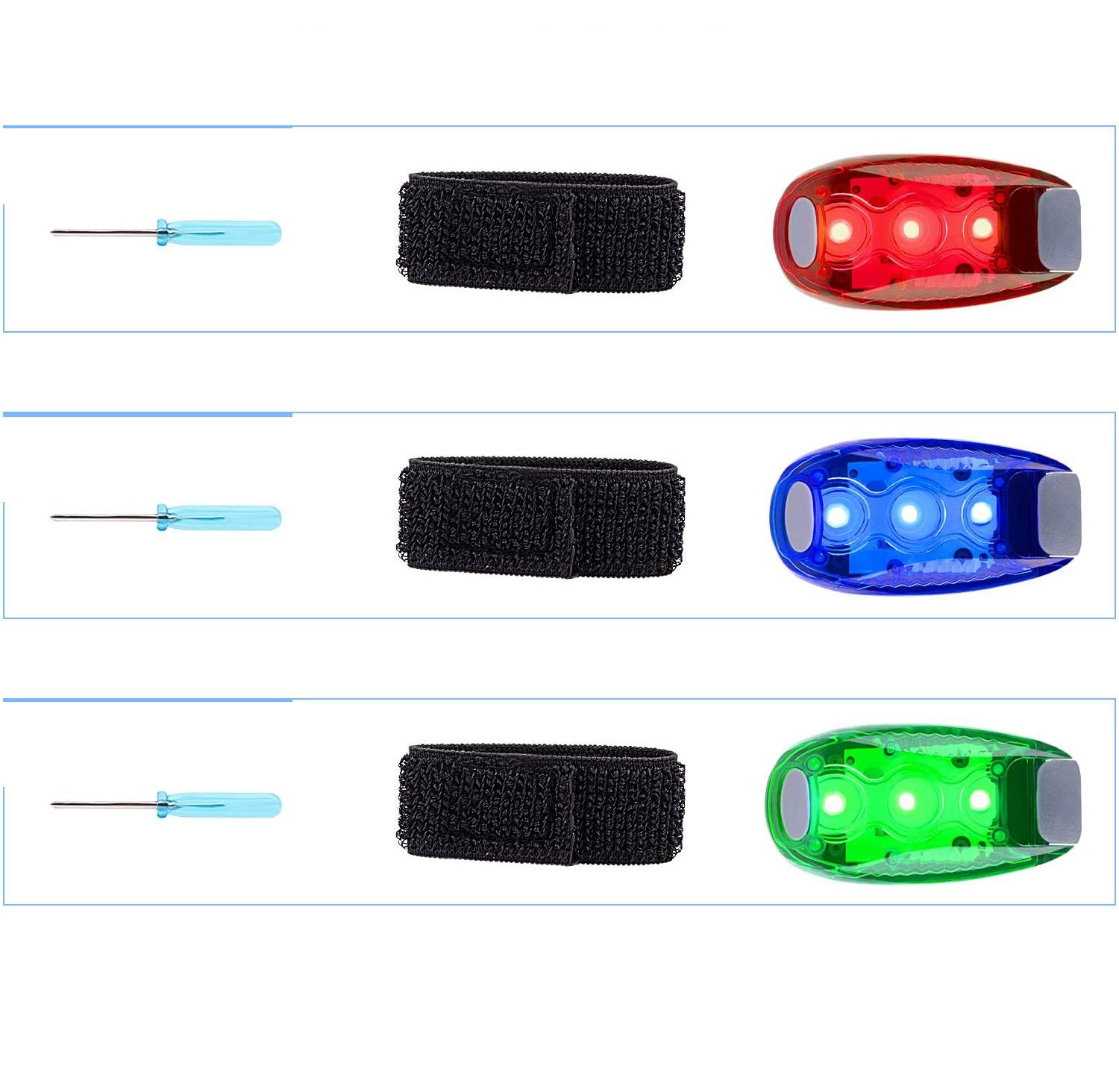 (3er Set) LED Sicherheits Licht Warnlicht für Velo / Joggen / Hunde (Inkl. Batterien CR2032) - Rot / Blau / Grün