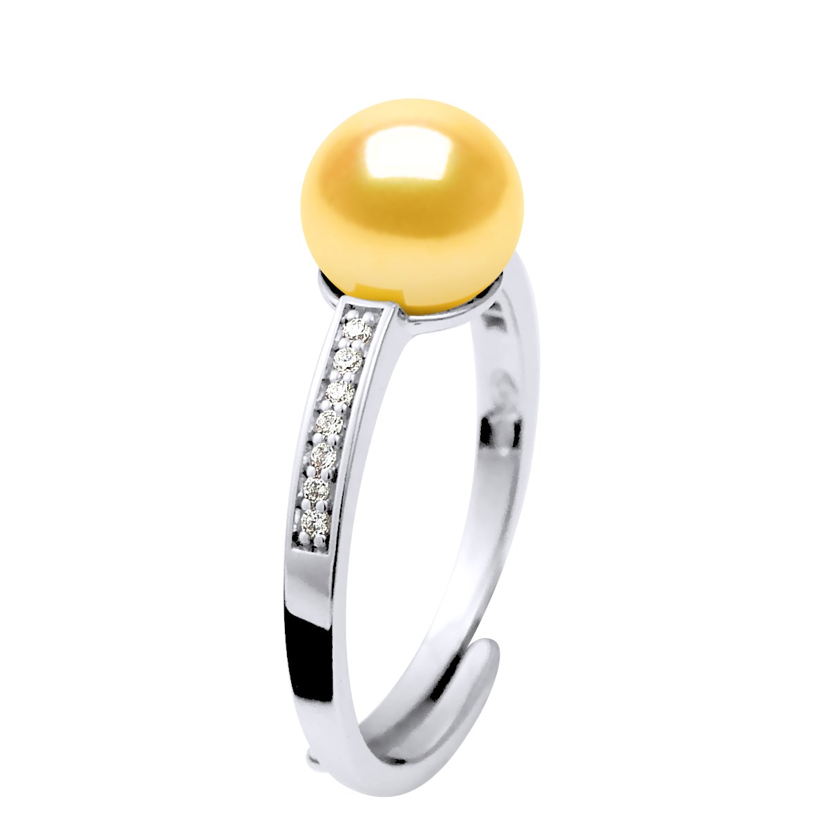 Bague Ajustable Perle d'Eau Douce 7-8 mm Jaune Dorée et Oxydes de Zirconium Argent 925