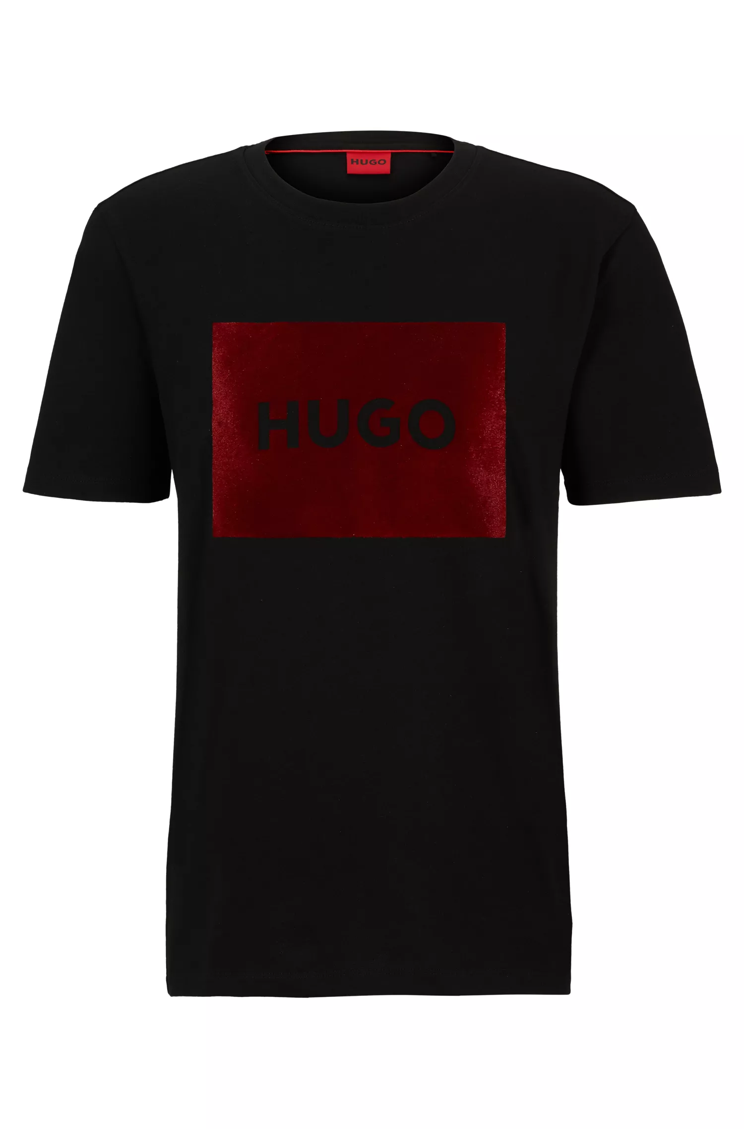 Camiseta HUGO vermelha em malha de algodão com logotipo de efeito metálico.