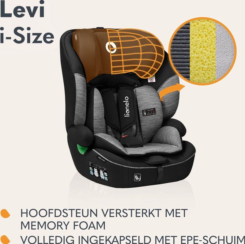 Lionelo Levi - i-Size Autostoeltje - Groep 1-2-3 - 5-punts gordel - 76-150cm 9-36kg - Memory Foam - Versterkte hoofdsteun