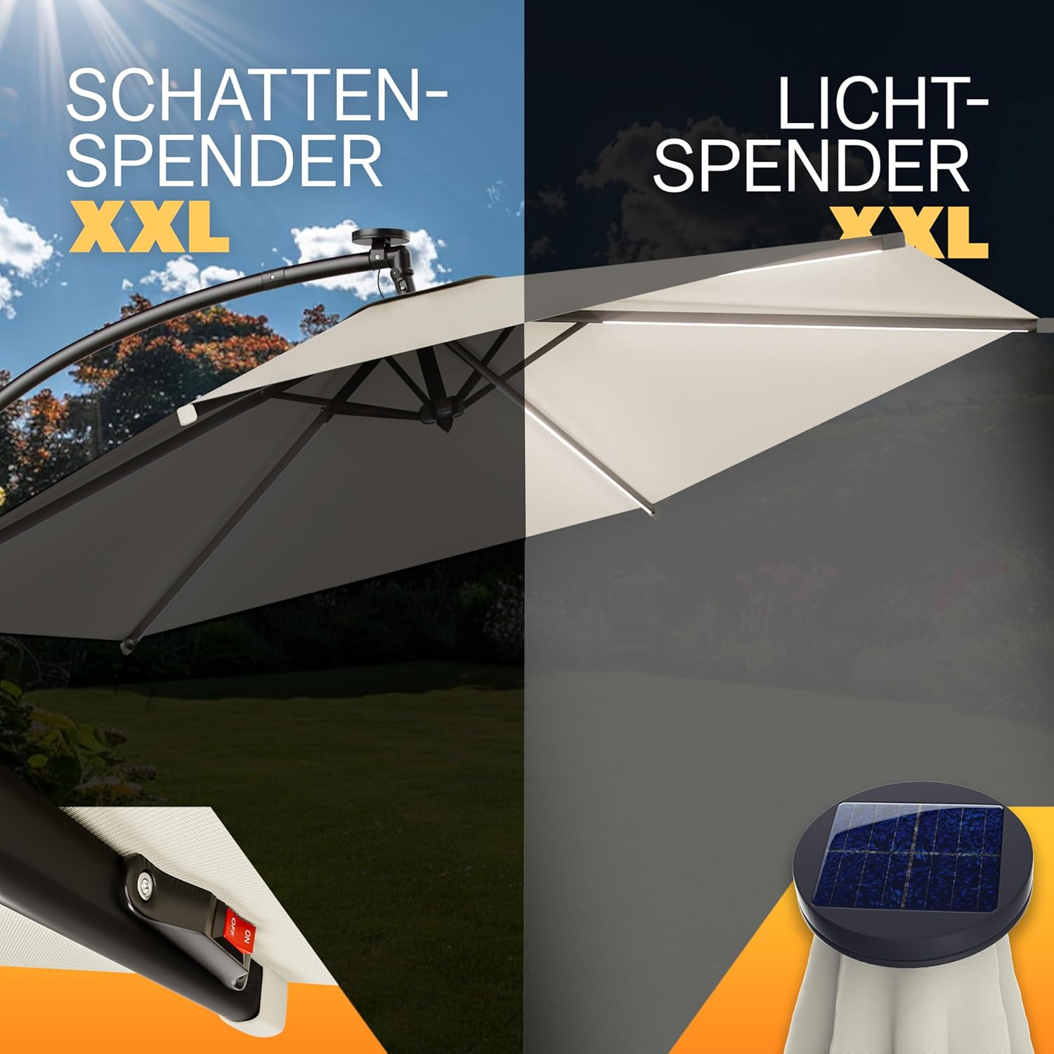 Kingsleeve® Ampelschirm LED Beleuchtung UV Schutz 80+ Solar Ständer Schutzhülle 350cm Groß Kurbel Balkon Terrasse Gartenschirm Sonnenschirm Creme