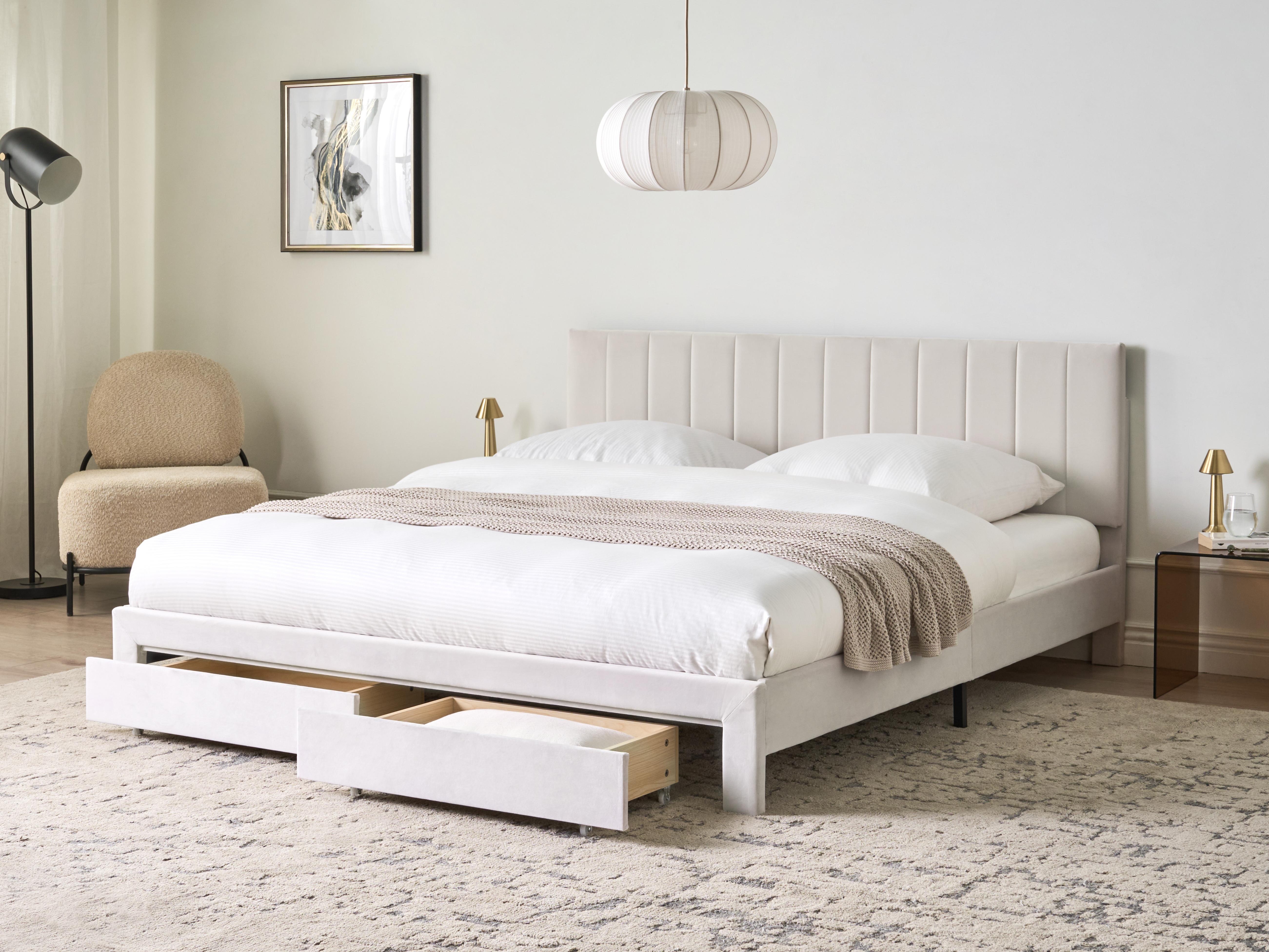 Bed met opbergladen Fluweel LONZAC 180 x 200 cm Gebroken wit