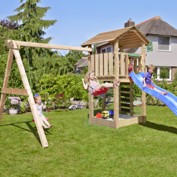Speeltoestel Jungle Gym Cottage douglas met glijbaan blauw en 2-schommel module