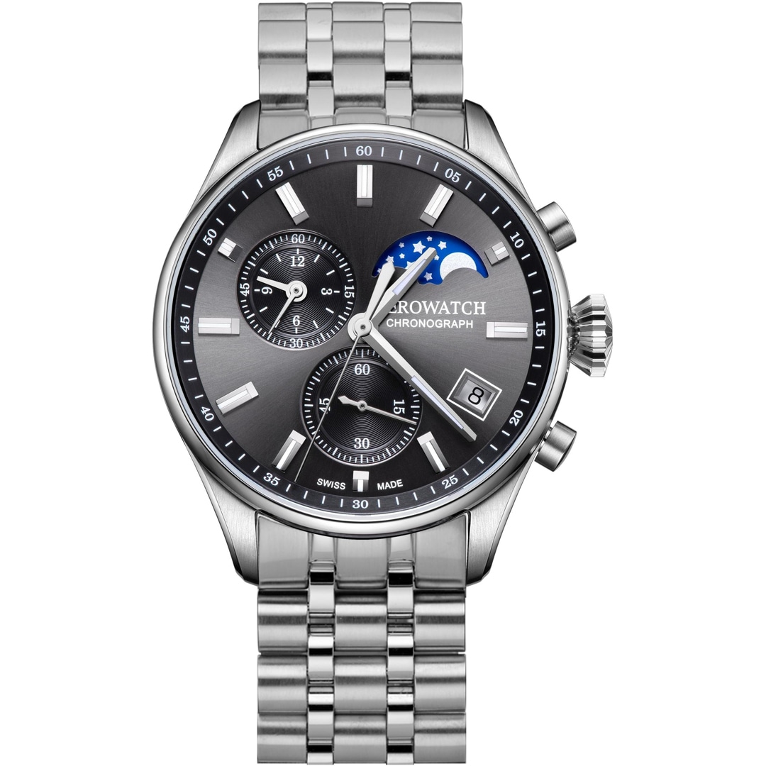 Aerowatch Les Grandes Classiques Chrono Moon Phase Silbrig