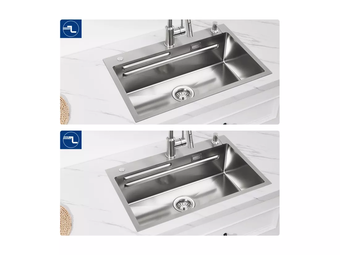 Évier 1 Bac 70×45×21.5CM Évier Inox Argent avec Egouttoir,Vasque, Distributeur de Savon + Mitigeur de Cuisine Rabattable Brossé