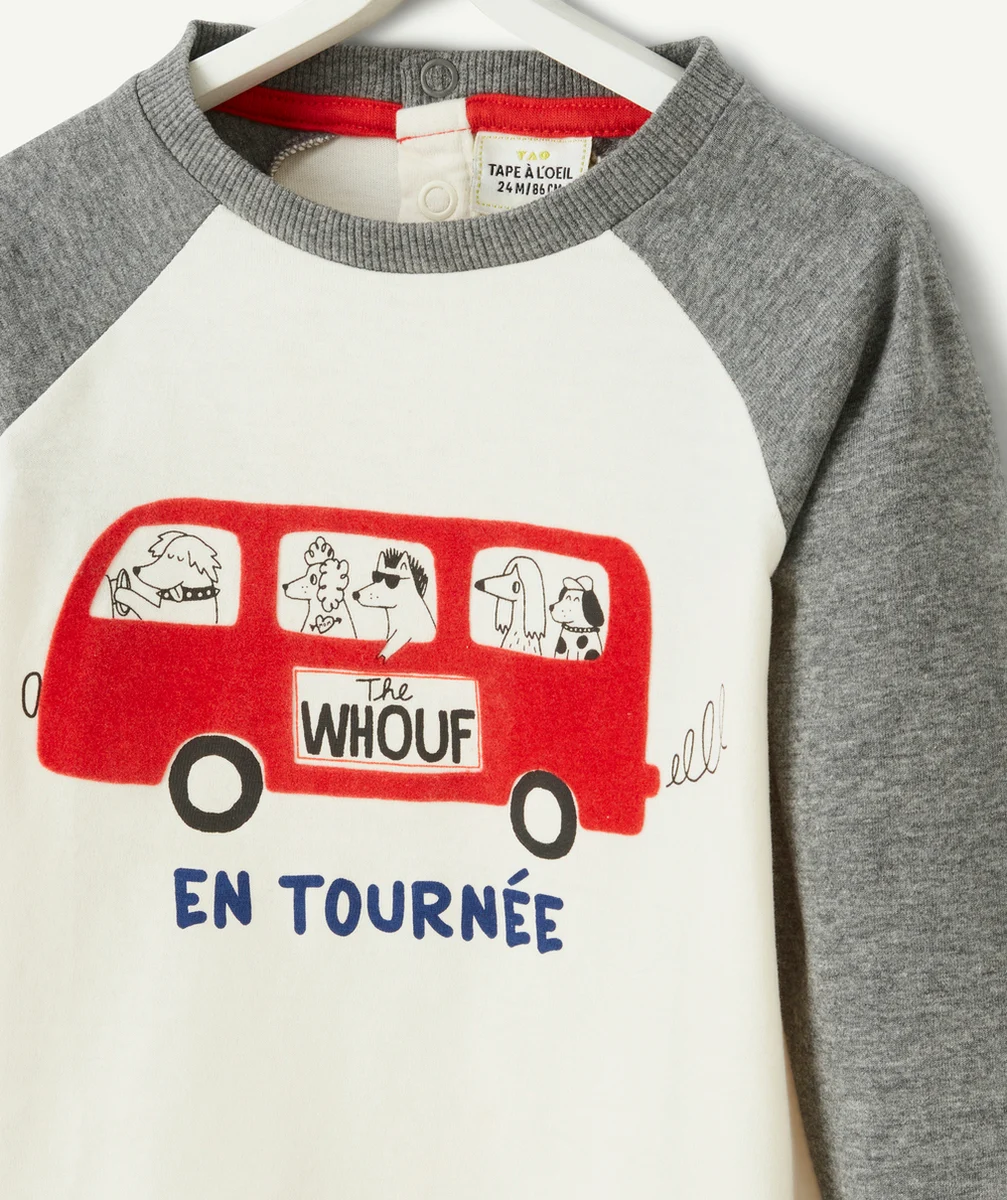T-SHIRT BÉBÉ GARÇON EN COTON BIO GRIS ET BLANC THÈME BUS