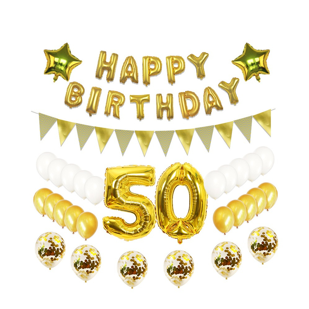 (79-tlg. Set) Happy Birthday Girlande 50. Geburtstag Party Deko   Latex- und Folienballons / Konfetti Ballons / Fahnen Girlande - Gold