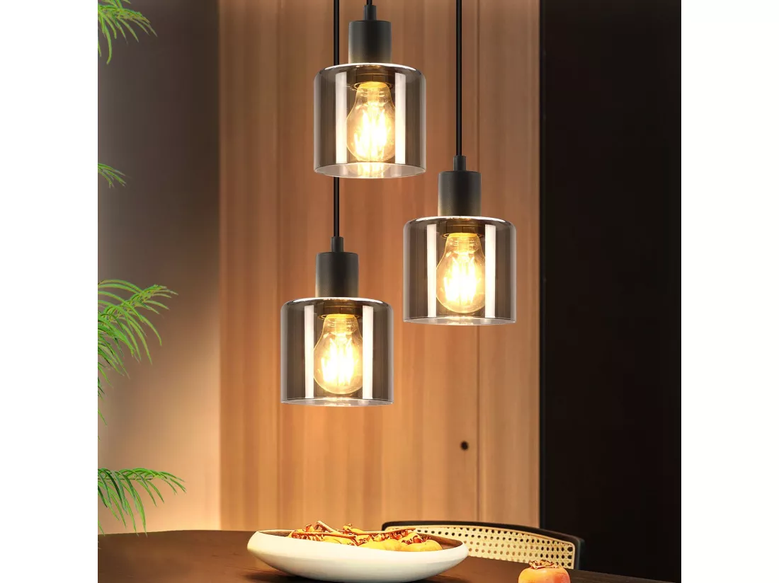 NETTLIFE Suspension Verre Noir Diam.26cm E27 Salon 3 Ampoules Lampe de Salle à Manger Vintage Lampe à Industrielle Réglable en Hauteur