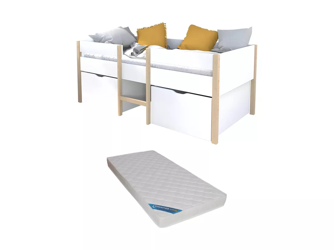 Lit mi-hauteur SISSY - 2 tiroirs - 90 x 190 cm - Blanc et chêne + matelas