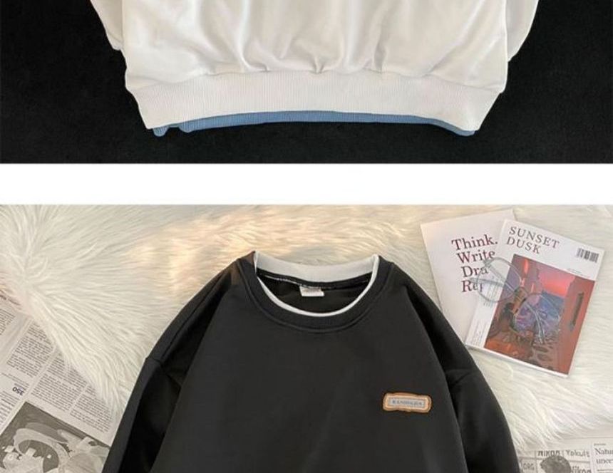 Sinlarity - Mock Two-Piece Crew Neck Lettering Applique Sweatshirt