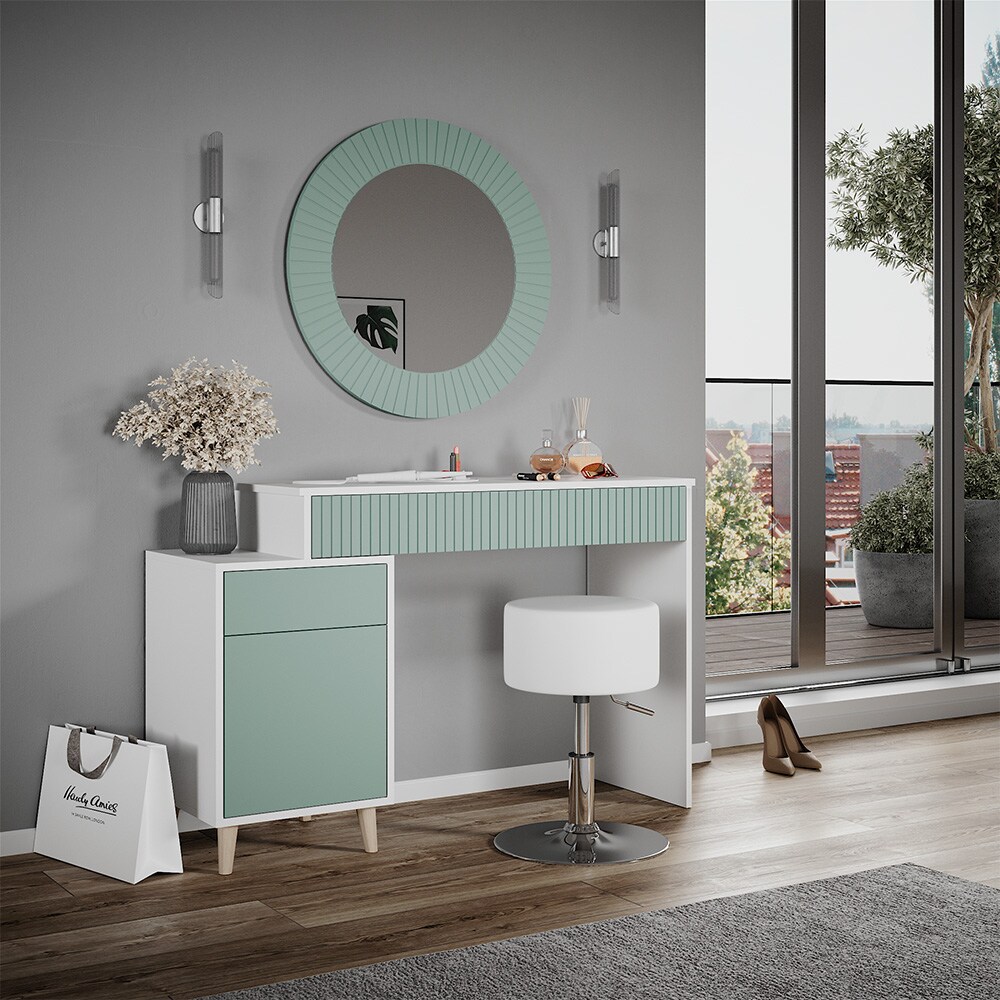 Vicco Schminktisch Frisiertisch Kosmetiktisch Arles Weiß Mintgrün Schminkspiegel Hocker 120x77 cm Skandi Schlafzimmerkommode Schminkkommode Schublade Ablage Aufbewahrung Frisierkommode Make-Up-Tisch