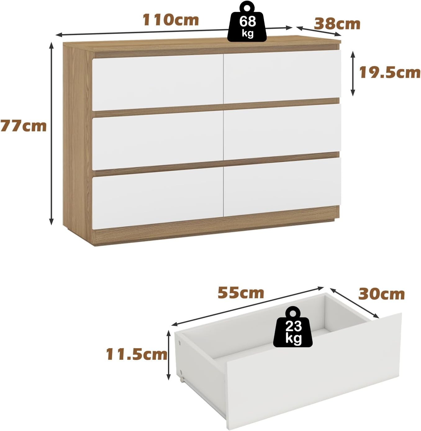 GRAVFORCE Kommode mit 6 Schubladen Sideboard mit Großer Kapazität, Holz Schubladenschrank für Schlafzimmer Wohnzimmer Flur Büro Organizer, 110x38x77
