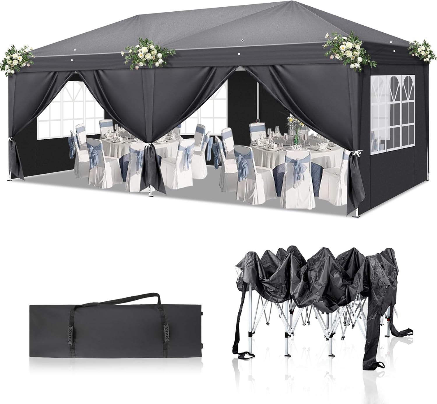 Pavillon 3x6 m,Faltpavillon,Wasserdicht Stabil Winterfest UV Schutz 50+,420D Oxford,Faltbar Höhenverstellbar,Partyzelt,Gartenzelt,Für Garten Camping,Outdoor,Grau,6 Seitenteilen