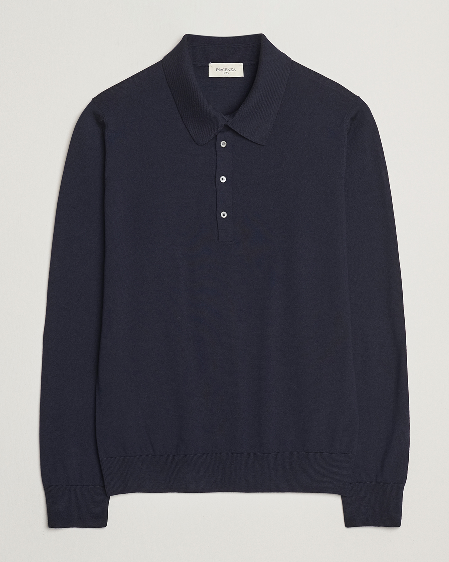 Piacenza Cashmere Merino Wool Long Sleeve Polo Navy