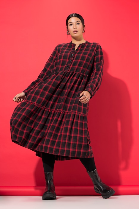 Midi-Flanellkleid, Karo, Tunika-Ausschnitt, Langarm