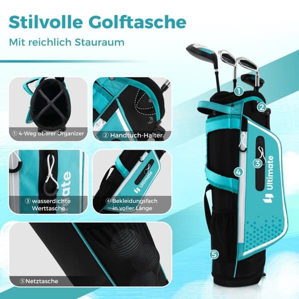 4-delt barnegolfkøllesett med golfbag og regntrekk for barn i alderen 5-7 år blå