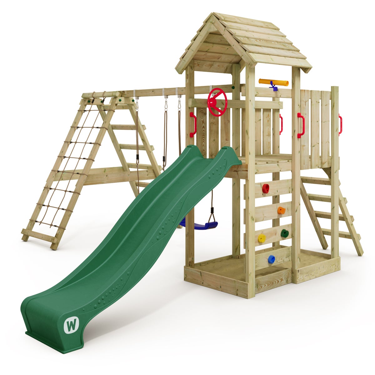WICKEY RocketFlyer speeltoren klimtoestel met schommel en glijbaan, klimtoren met zandbak, klimuitbreiding en speelaccessoires - groen