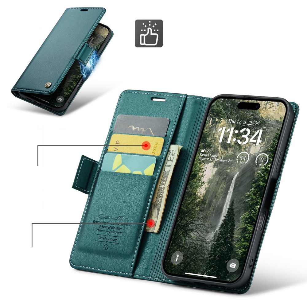 iPhone 16 Leder Tasche Flip Wallet Etui mit Kartenfächern Litchi Look (RFID Schutz) - Grün