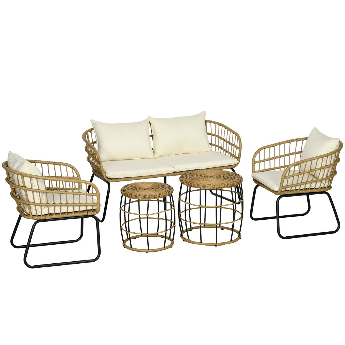 Outsunny 5-delige rotan tuinset, zitgroep met kussens, 2 salontafels, 2 fauteuils, 1 tweepersoonsbank, 145L x 70B x 78Hcm, staal, beige
