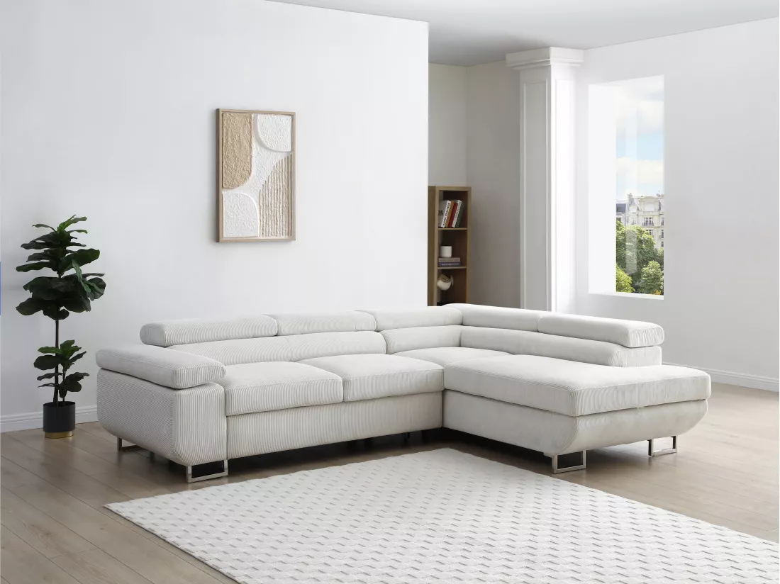 Canapé d'angle droit convertible en velours côtelé beige NURAZIO