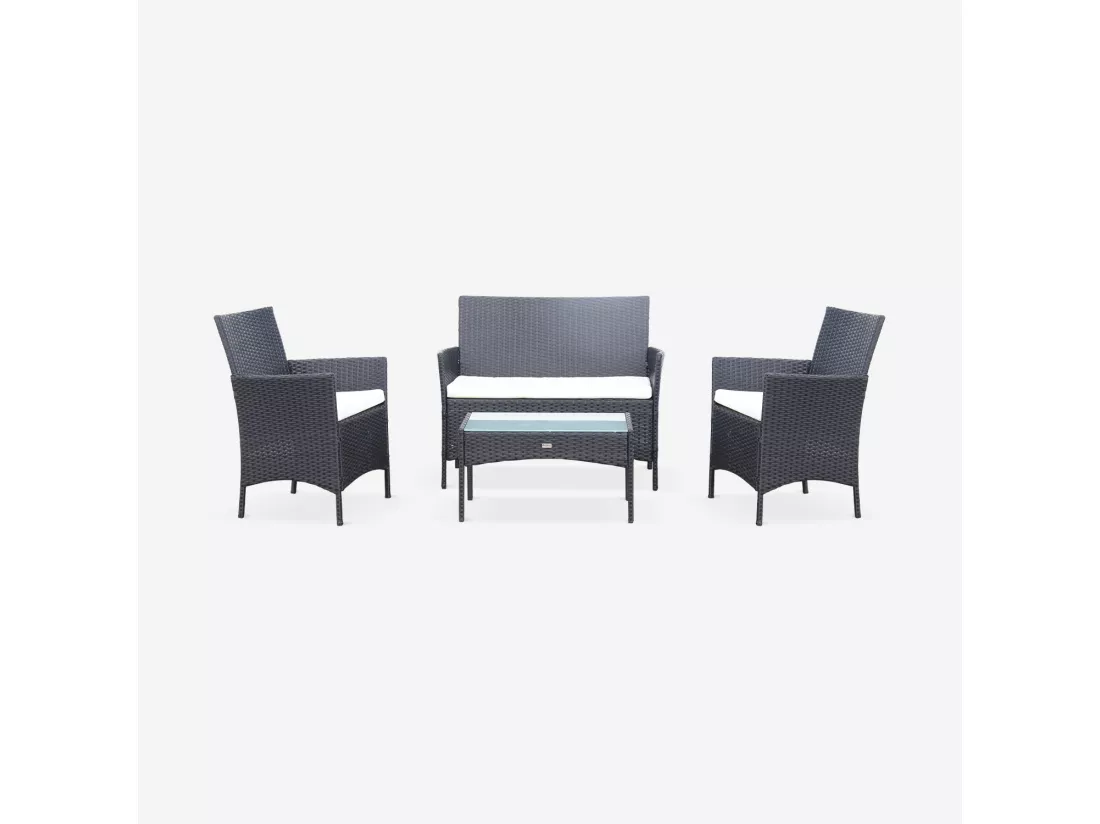 Salon de jardin en résine tressée - Moltès - Noir. Coussins ecru - 4 places - 1 canapé. 2 fauteuils. une table basse