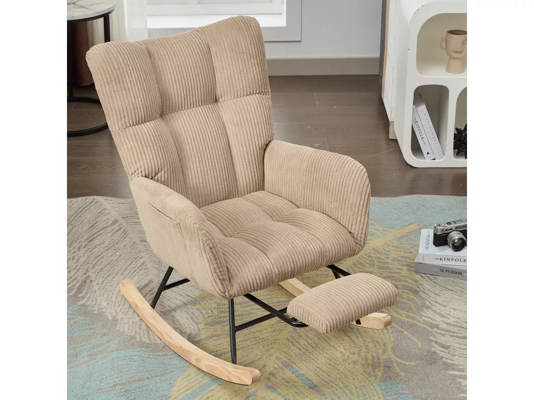 Fauteuil à bascule avec repose-pièds évolutif et accoudoirs - 102 x 65 x 92 cm - Velours côtelé - Marron