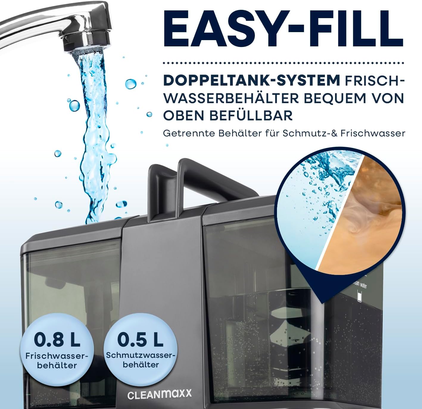 CLEANmaxx Polster- & Teppichreiniger Kompakt | 3-in-1 Waschsauger Gerät mit Doppeltank-System & Easy-Fill | Auch als Dampfreiniger, nass Trockensauger und Fleckenreiniger verwendbar