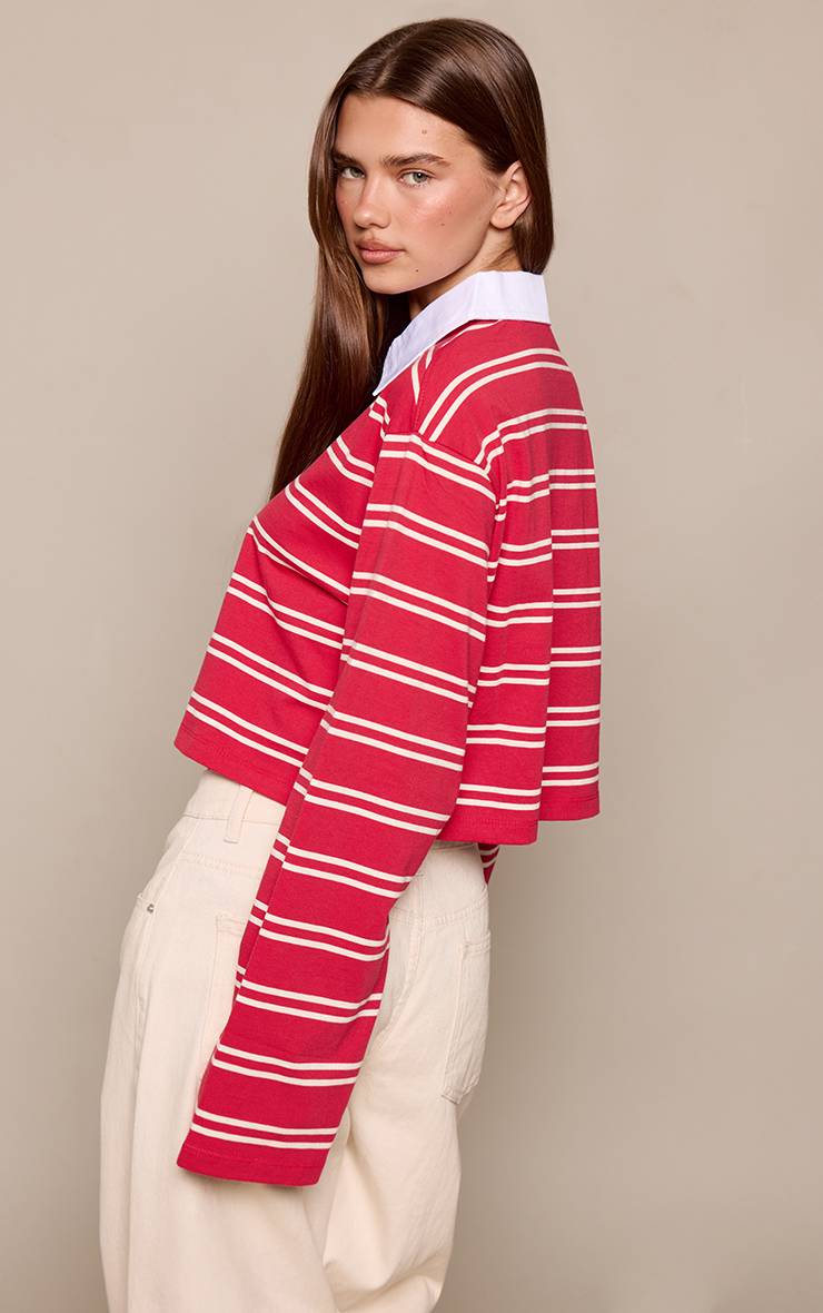 Rouge T-shirt Rayé À Col Rapporté Manches Longues Coupe Courte