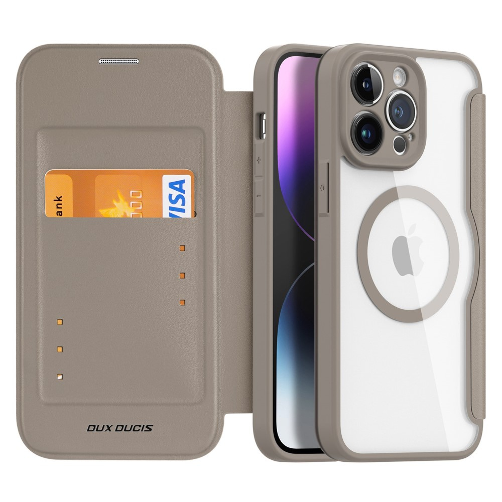 iPhone 14 Pro Max MagSafe Hybrid Leder Tasche   Kunststoff Rückseite - Khaki / Transparent