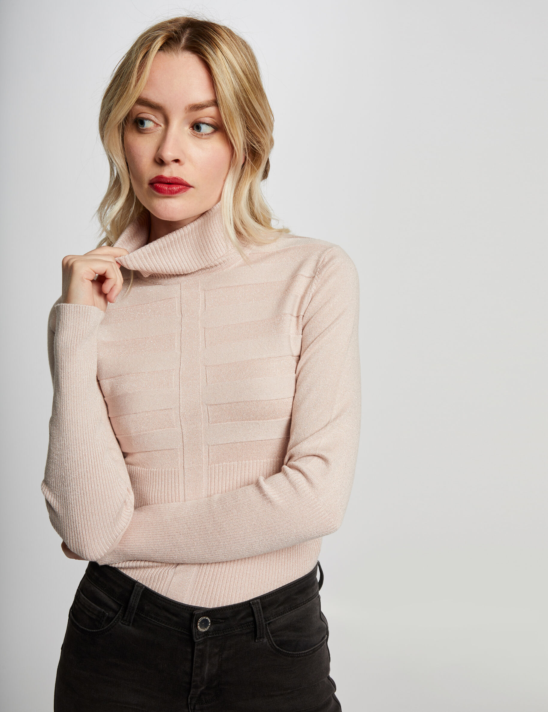 Pull manches longues à col roulé rose pale femme - rose_pale