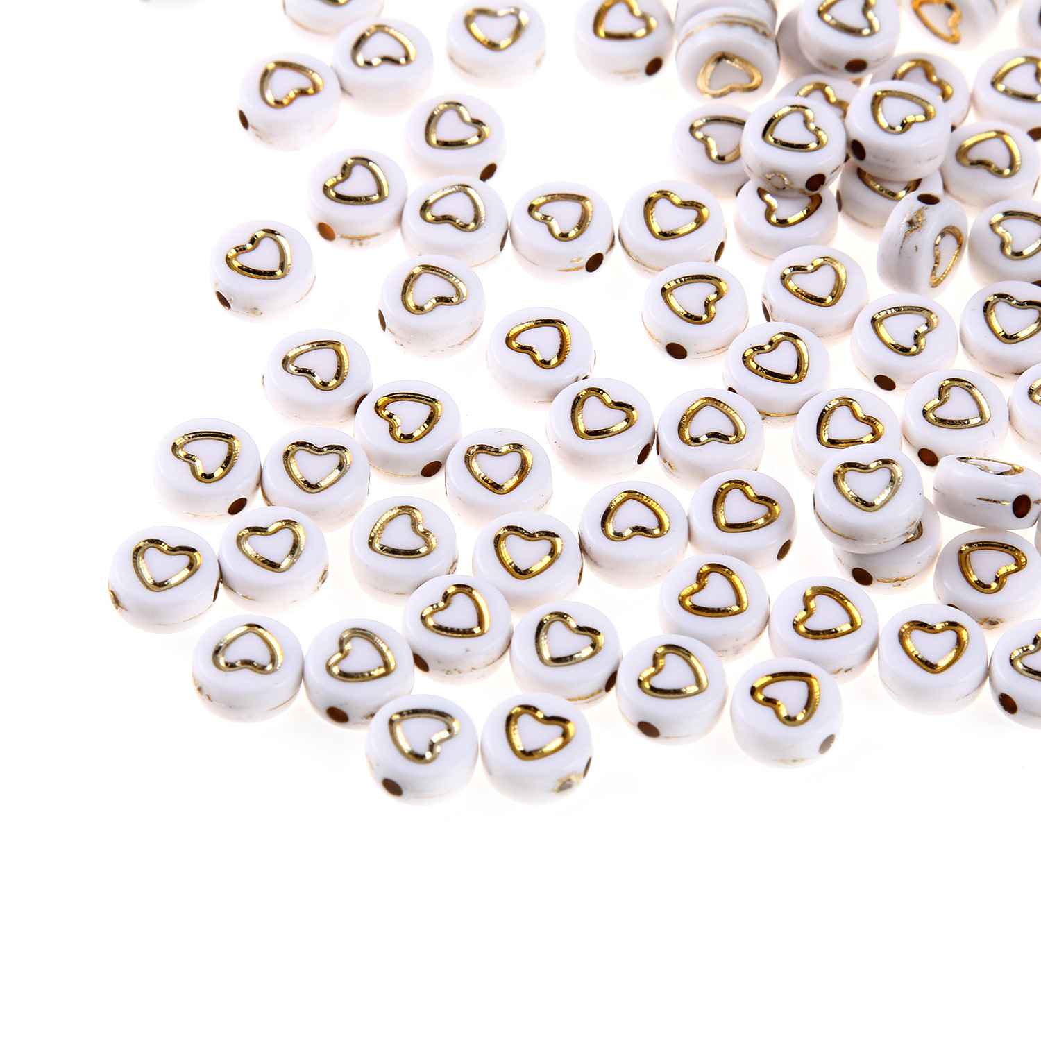 (100er Set) 7mm Acryl Herz Perlen DIY Bastel Schmuck Zwischenperle für Armband / Kette - Weiss / Gold