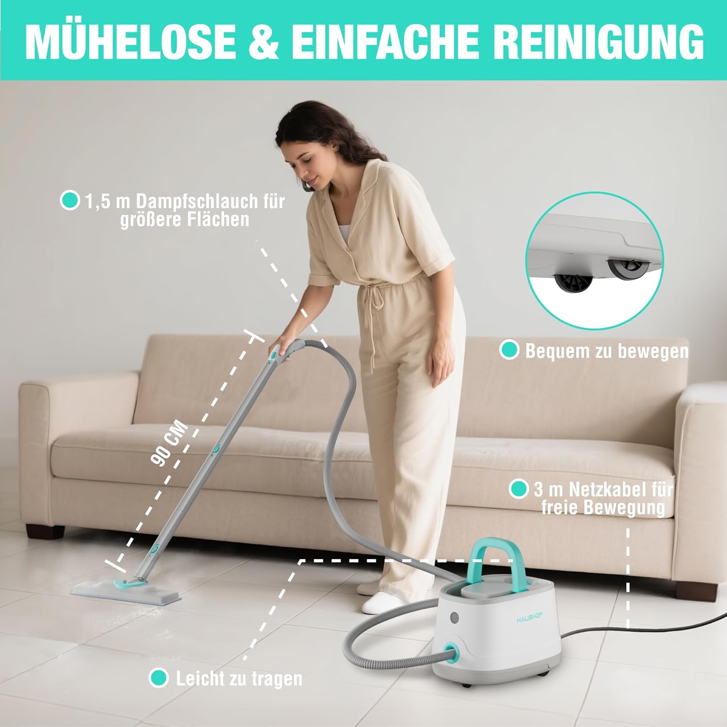 HAUSHOF Dampfreiniger 2000W, mit 1,5L Tank, max. 4,0 bar Dampfdruck, Aufheizzeit 8 Min, Dampfzeit bis zu 30 Min, inkl. 16 Zubehör & 3m Netzkabel, für Boden, Teppich, Fenster & Küche, Weiß-Grün