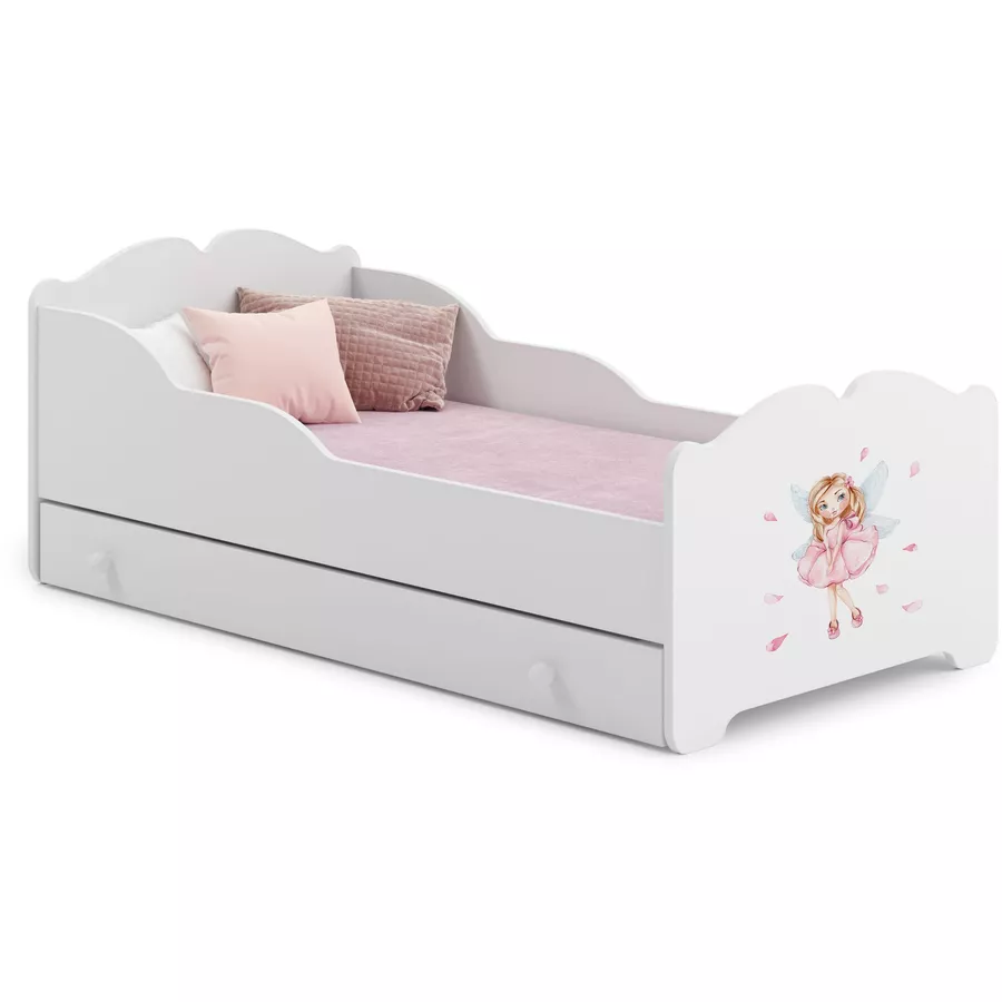 Kids Collective Mädchenbett 80x160 cm mit Matratze und Schublade, Rausfallschutz & Lattenrost weiß - Prinzessin Motiv
