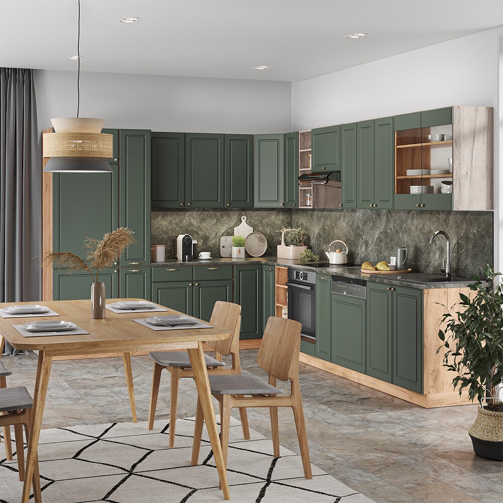 Vicco Eckküche Küchenzeile Einbauküche Fame-Line Landhaus Eiche Grün Gold 257x347 Spülenunterschrank Unterschrank Herdumbauschrank Hängeschrank Kühlumbauschrank Apothekerhochschrank Blende
