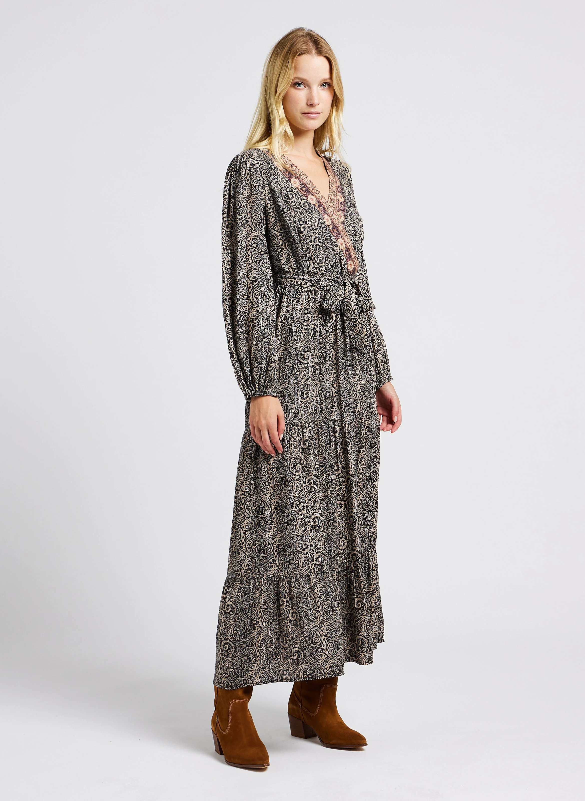 LUDIVINE - Robe longue droite encolure V imprimée | Noir