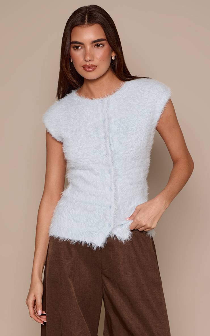 Bleu Poudré T-shirt À Manches Courtes En Maille Duveteuse Avec Taille Cintrée